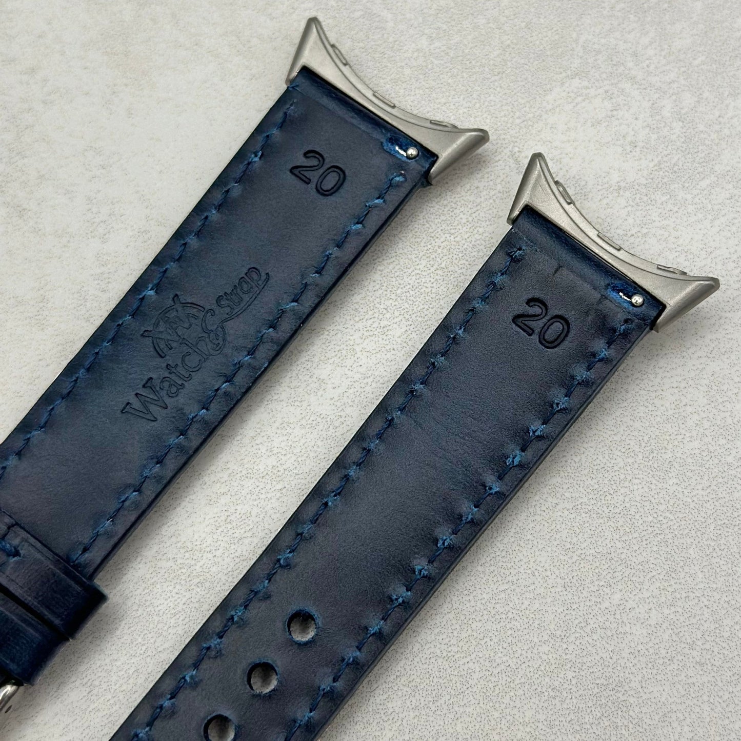Rear of the Athens blue full grain leather Google Pixel Watch strap. Watch And Strap
