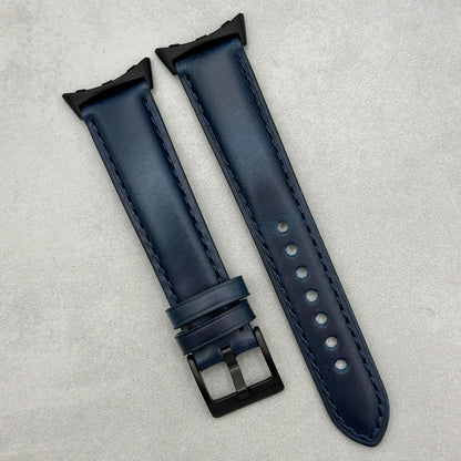 Athens blue full grain leather Google Pixel Watch strap. Black hardware. Watch And Strap