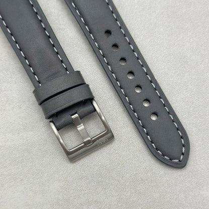 Brushed 316L stainless steel buckle on the Athens slate grey Google Pixel Watch strap.