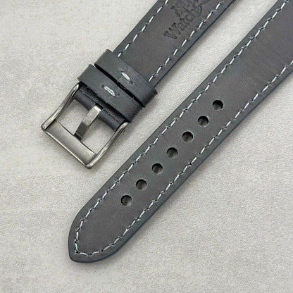 Rear of the brushed 316L stainless steel buckle on the Athens slate grey Google Pixel Watch strap. Watch And Strap