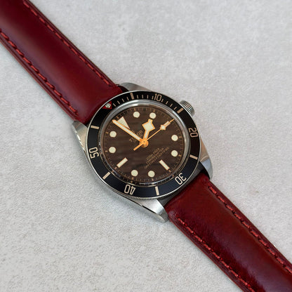 Wine red full grain leather watch strap on the Tudor Blackbay 58. 18mm, 20mm, 22mm, 24mm. Watch And Strap