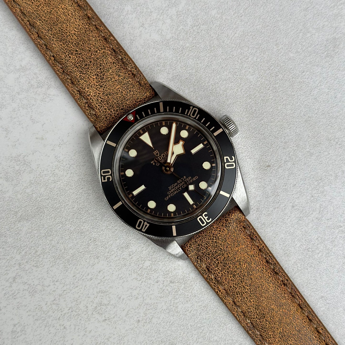 Desert sand full grain leather watch strap on the Tudor Blackbay 58. Watch And Strap.