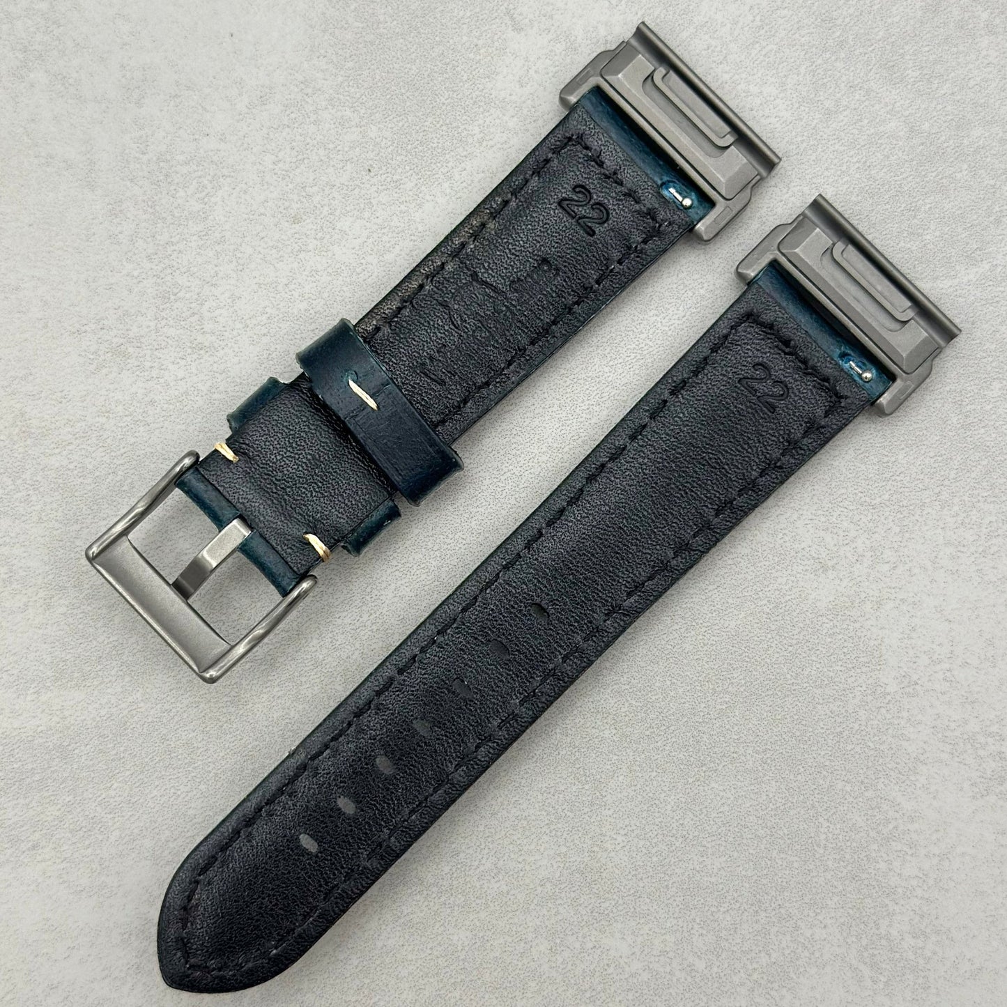 The Berlin: Cracked Blue Padded Leather Garmin QuickFit Watch Strap