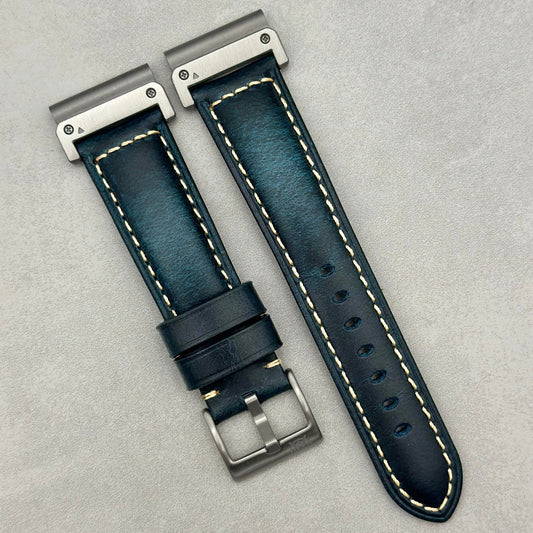 The Berlin: Cracked Blue Padded Leather Garmin QuickFit Watch Strap