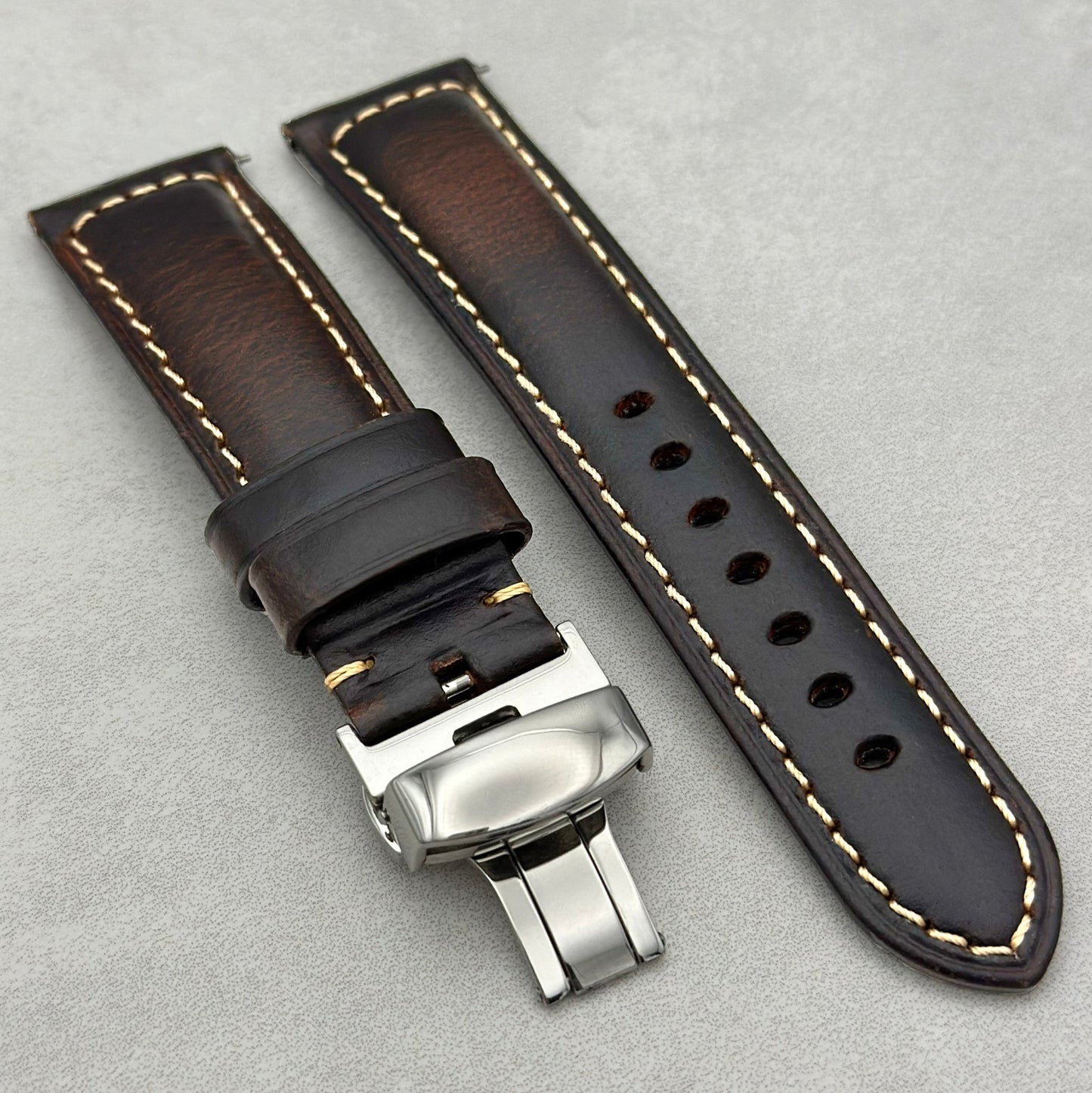 The Berlin: Cracked Brown Padded Leather Garmin QuickFit Watch Strap