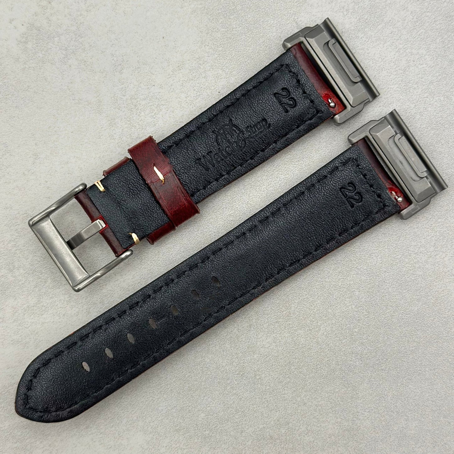 The Berlin: Cracked Burgundy Padded Leather Garmin QuickFit Watch Strap