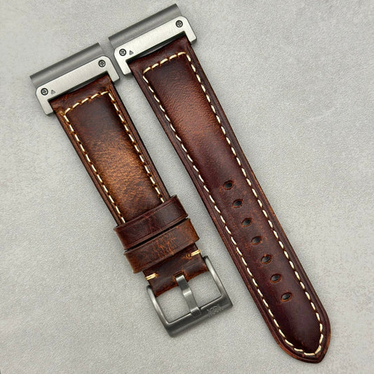 The Berlin: Cracked Vintage Brown Padded Leather Garmin QuickFit Watch Strap