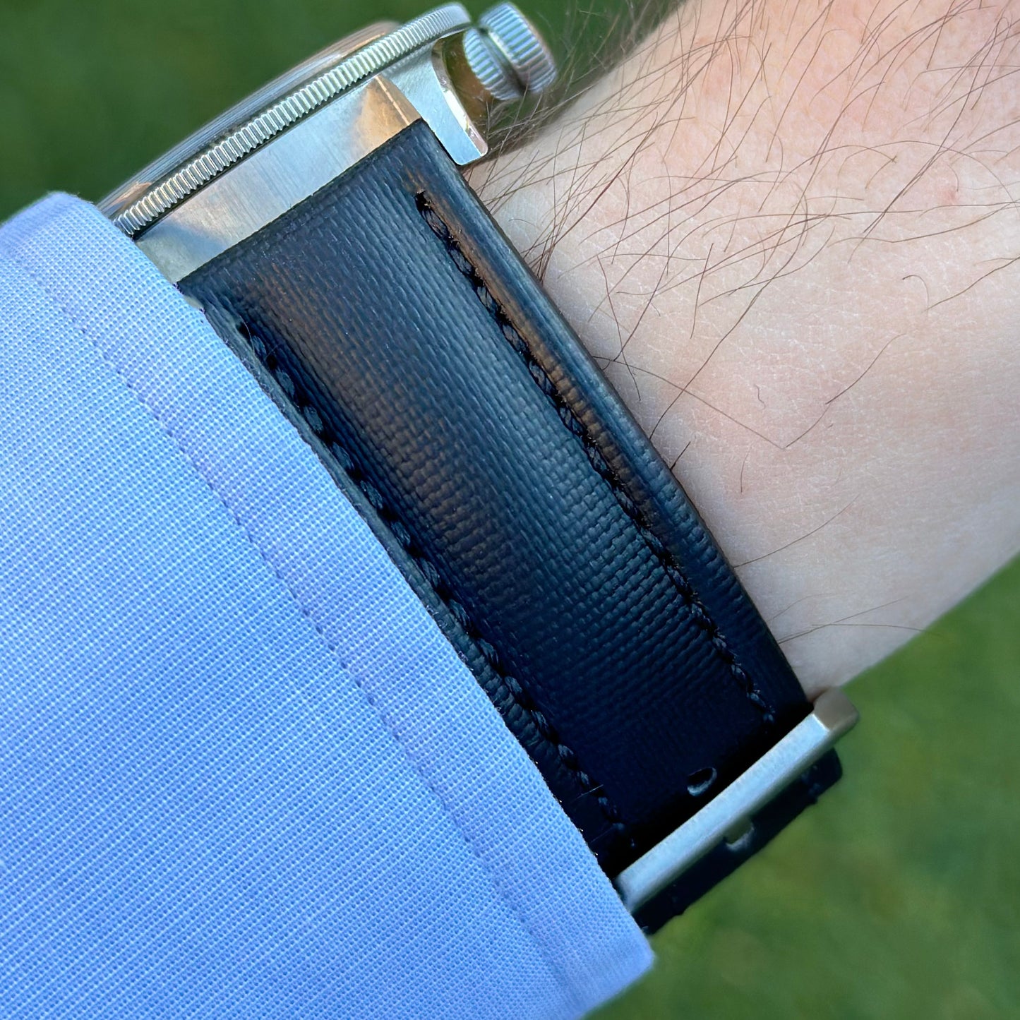 Wrist shot of the Bermuda black sail cloth watch strap on the Tudor Blackbay 58. Watch And Strap