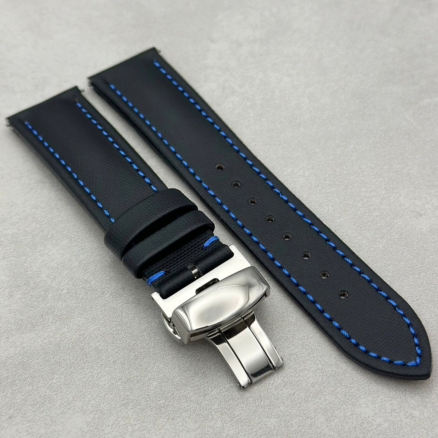 The Bermuda: Jet Black Sail Cloth Watch Strap With Contrast Blue Stitching