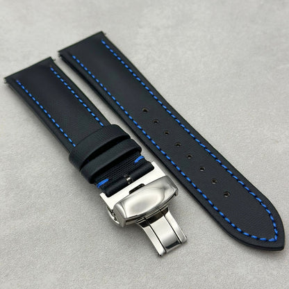 The Bermuda: Jet Black Sail Cloth Apple Watch Strap With Contrast Blue Stitching