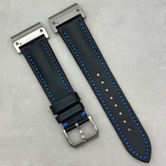 The Bermuda: Jet Black Sail Cloth Garmin QuickFit Watch Strap With Blue Stitching