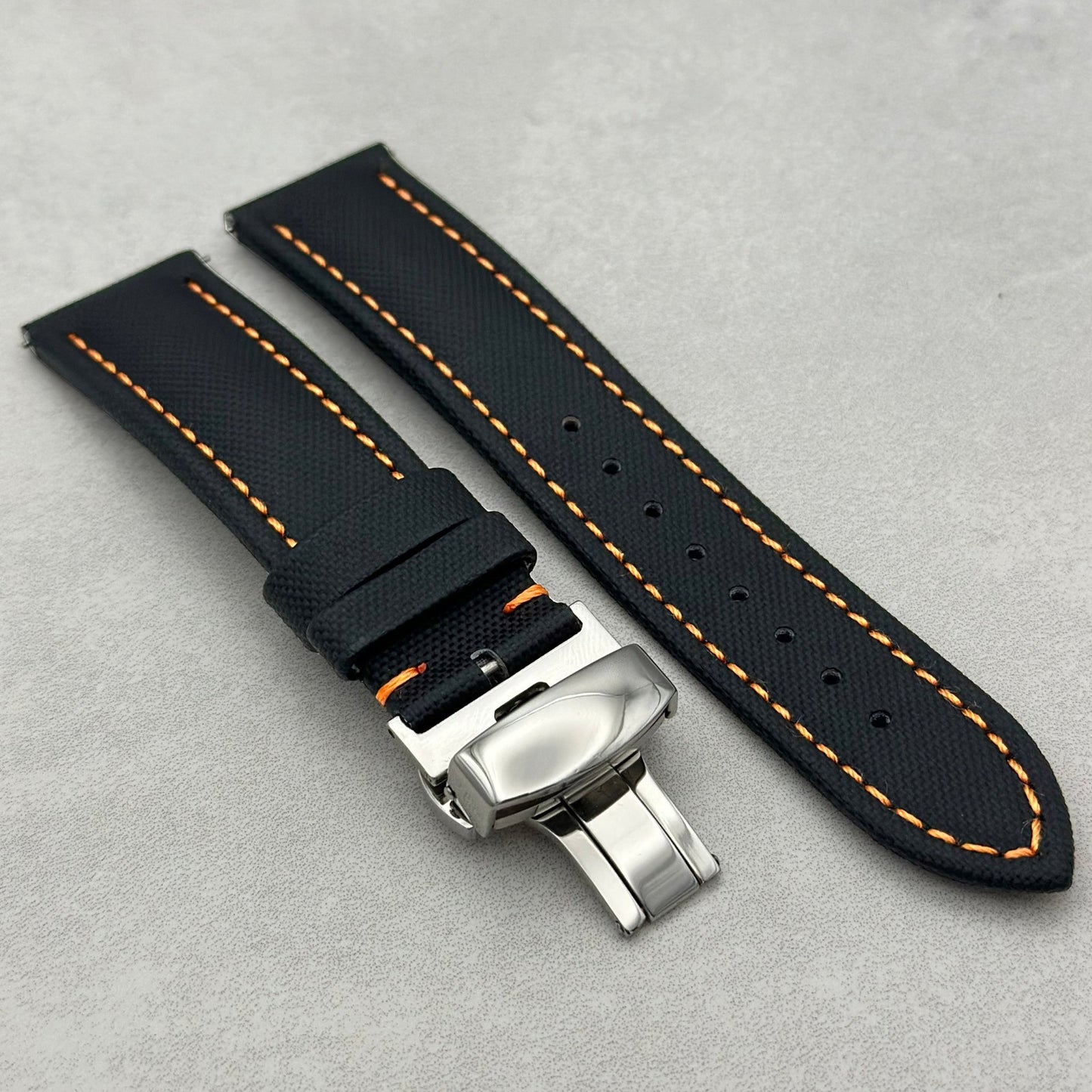 The Bermuda: Jet Black Sail Cloth Watch Strap With Contrast Orange Stitching