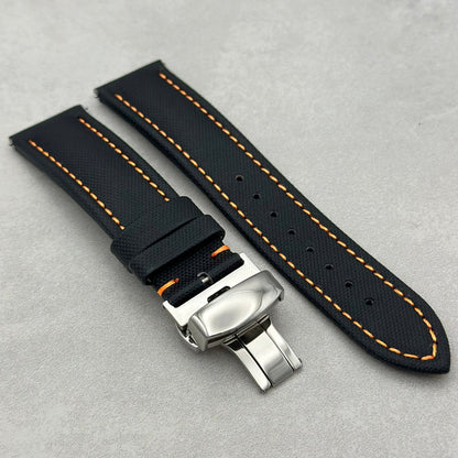 The Bermuda: Jet Black Sail Cloth Apple Watch Strap With Contrast Orange Stitching