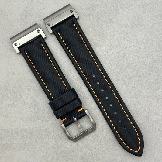 The Bermuda: Jet Black Sail Cloth Garmin QuickFit Watch Strap With Orange Stitching