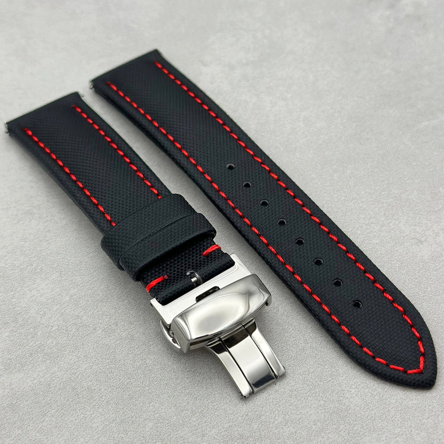 The Bermuda: Jet Black Sail Cloth Watch Strap With Contrast Red Stitching