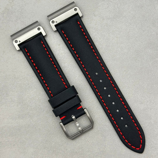 The Bermuda: Jet Black Sail Cloth Garmin QuickFit Watch Strap With Red Stitching