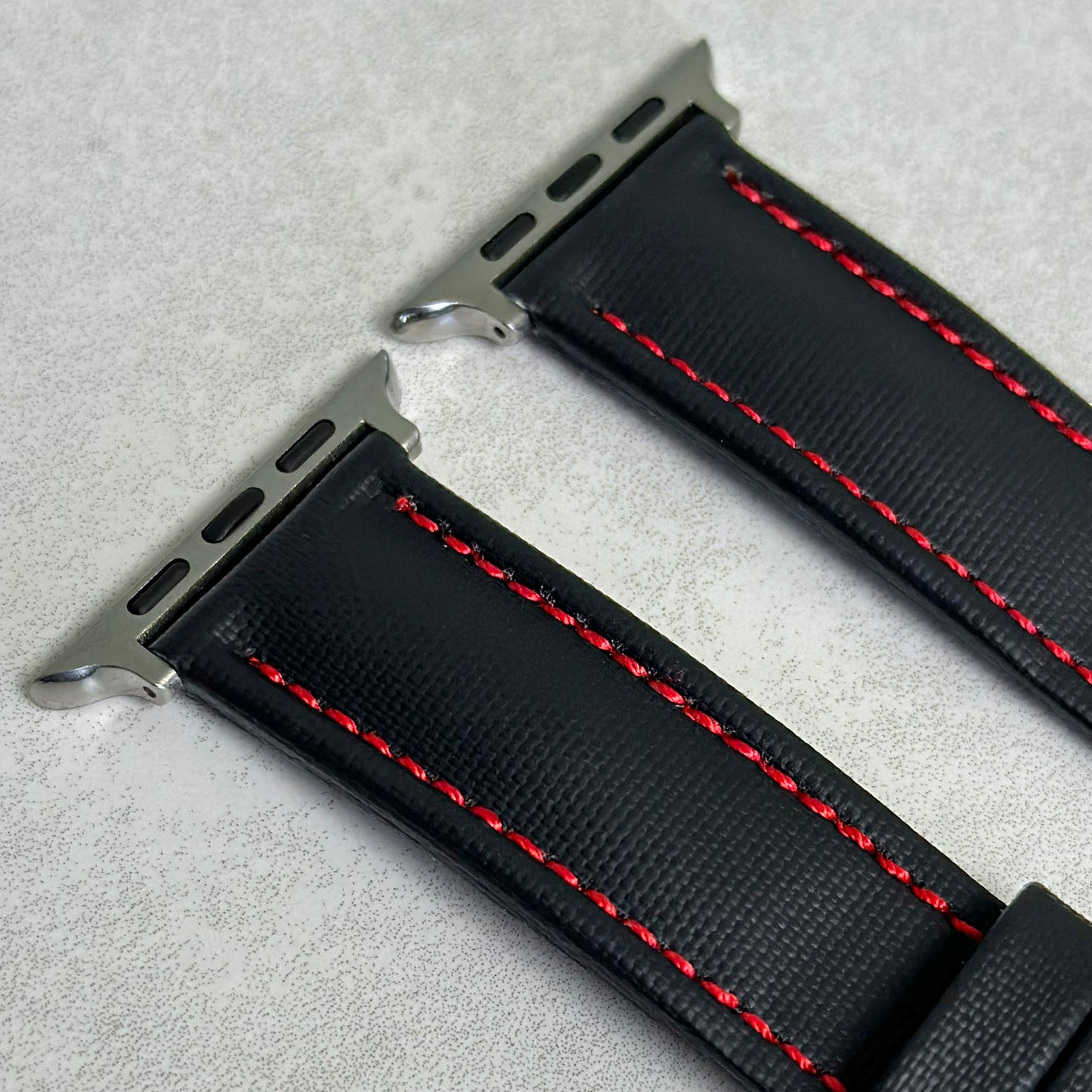 Top of the Bermuda jet black sail cloth Apple Watch strap. Stainless steel connectors. Watch And Strap