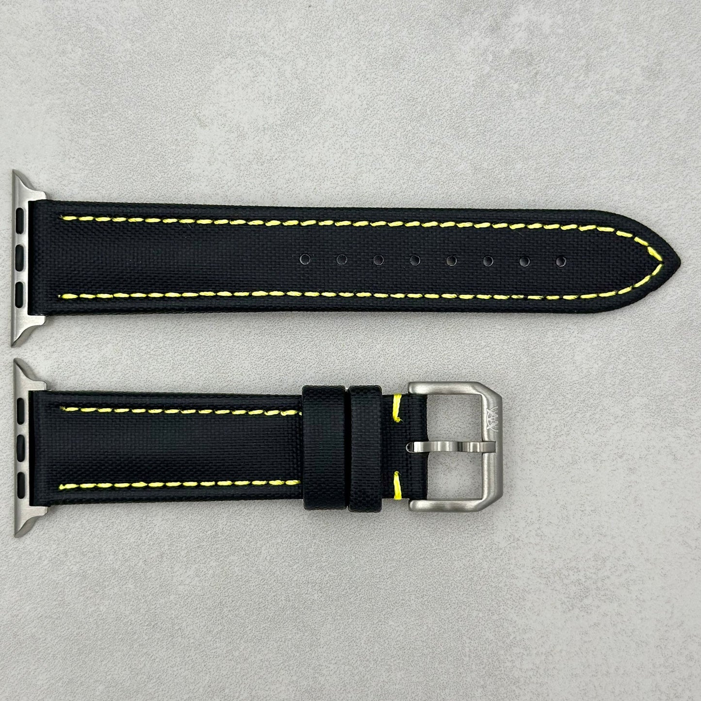 The Bermuda: Jet Black Sail Cloth Apple Watch Strap With Contrast Yellow Stitching