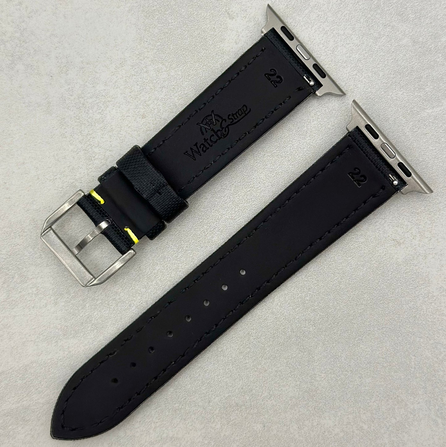 The Bermuda: Jet Black Sail Cloth Apple Watch Strap With Contrast Yellow Stitching