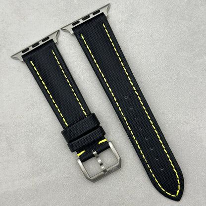 The Bermuda: Jet Black Sail Cloth Apple Watch Strap With Contrast Yellow Stitching