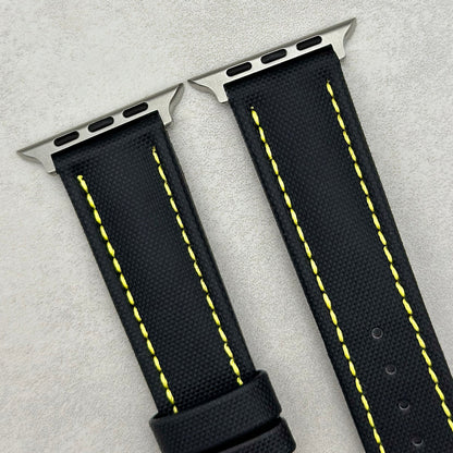 The Bermuda: Jet Black Sail Cloth Apple Watch Strap With Contrast Yellow Stitching