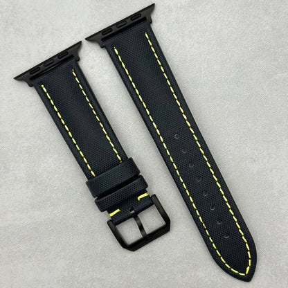 The Bermuda: Jet Black Sail Cloth Apple Watch Strap With Contrast Yellow Stitching