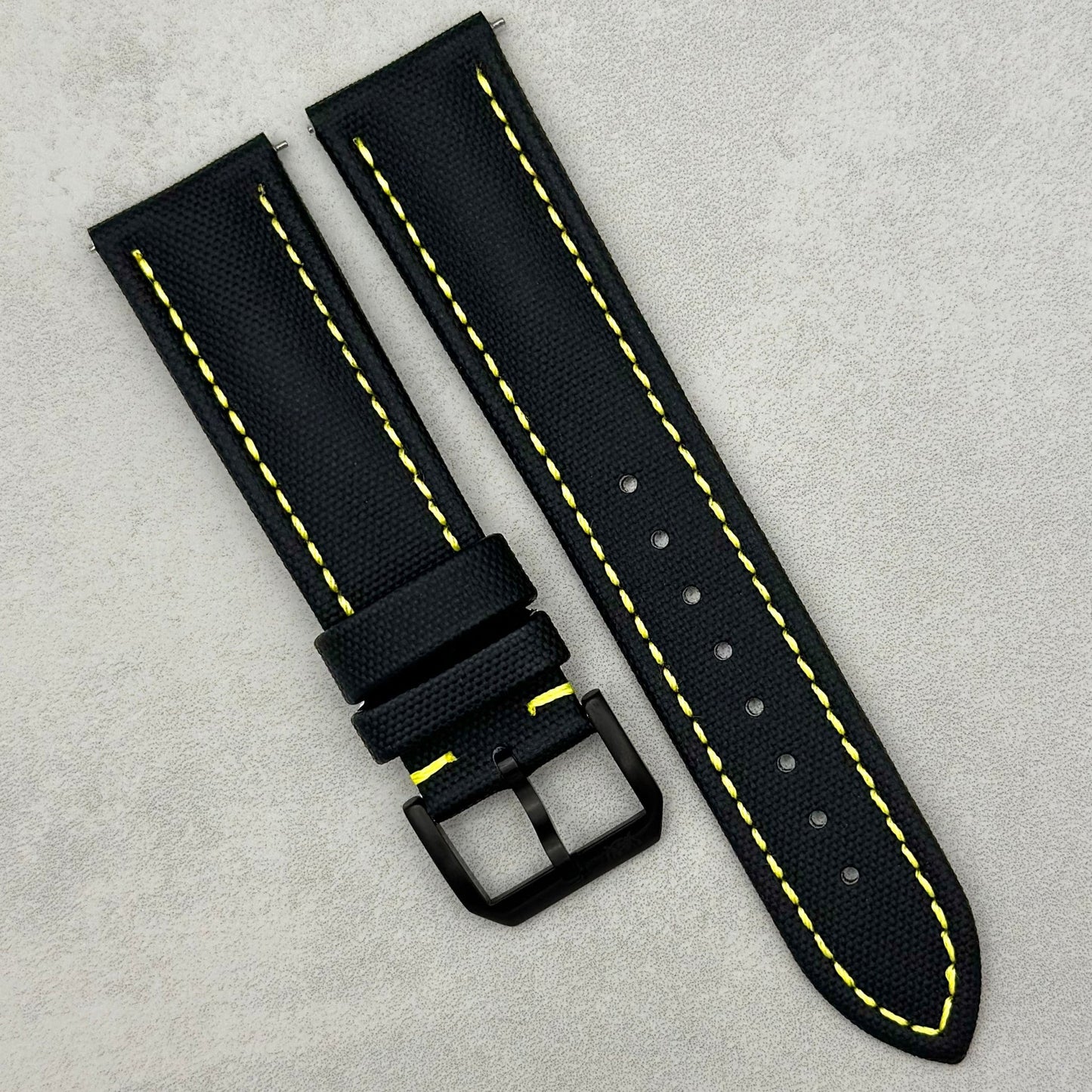 The Bermuda: Jet Black Sail Cloth Watch Strap With Contrast Yellow Stitching