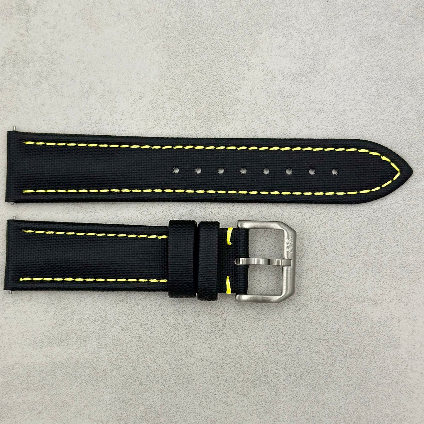 The Bermuda: Jet Black Sail Cloth Watch Strap With Contrast Yellow Stitching