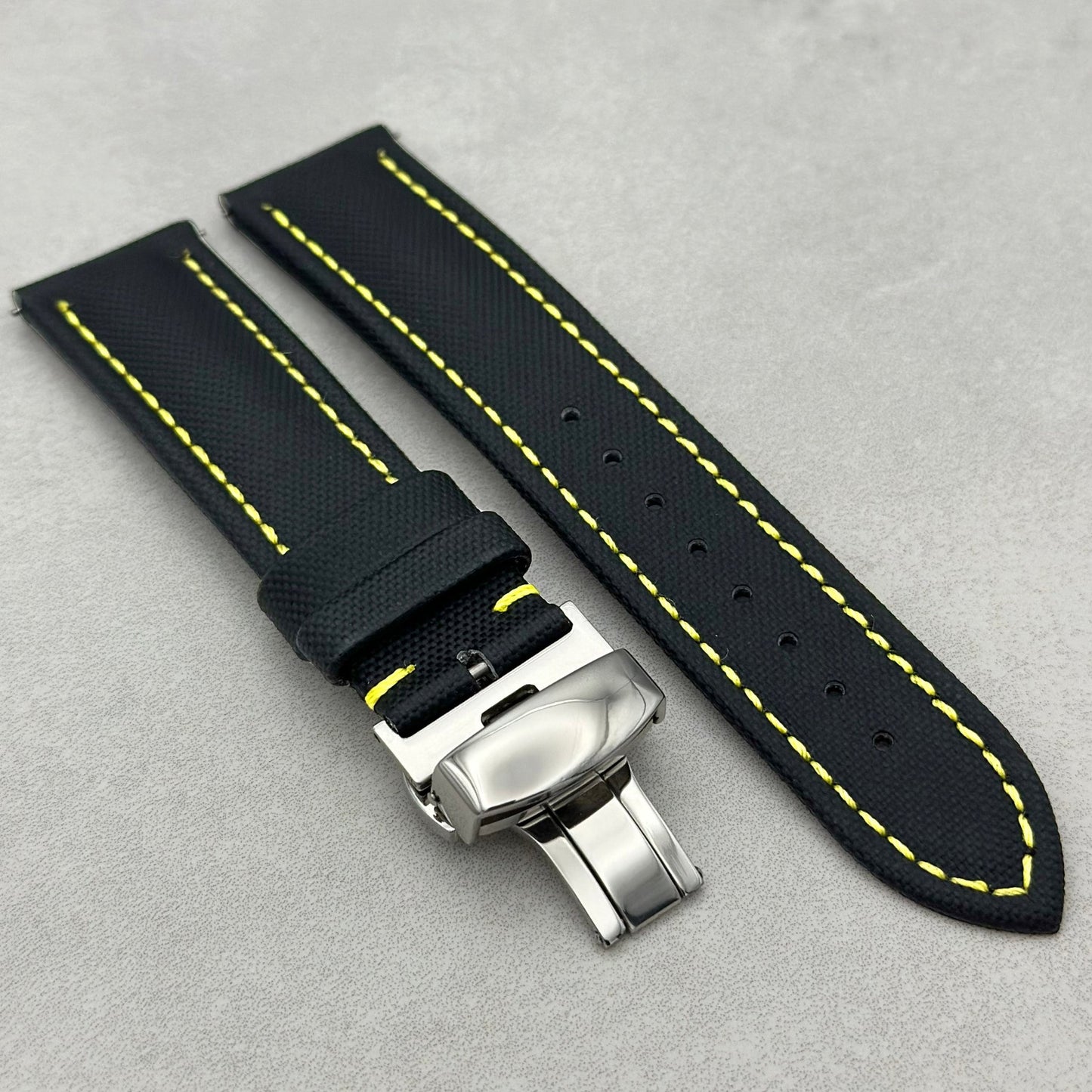 The Bermuda: Jet Black Sail Cloth Watch Strap With Contrast Yellow Stitching