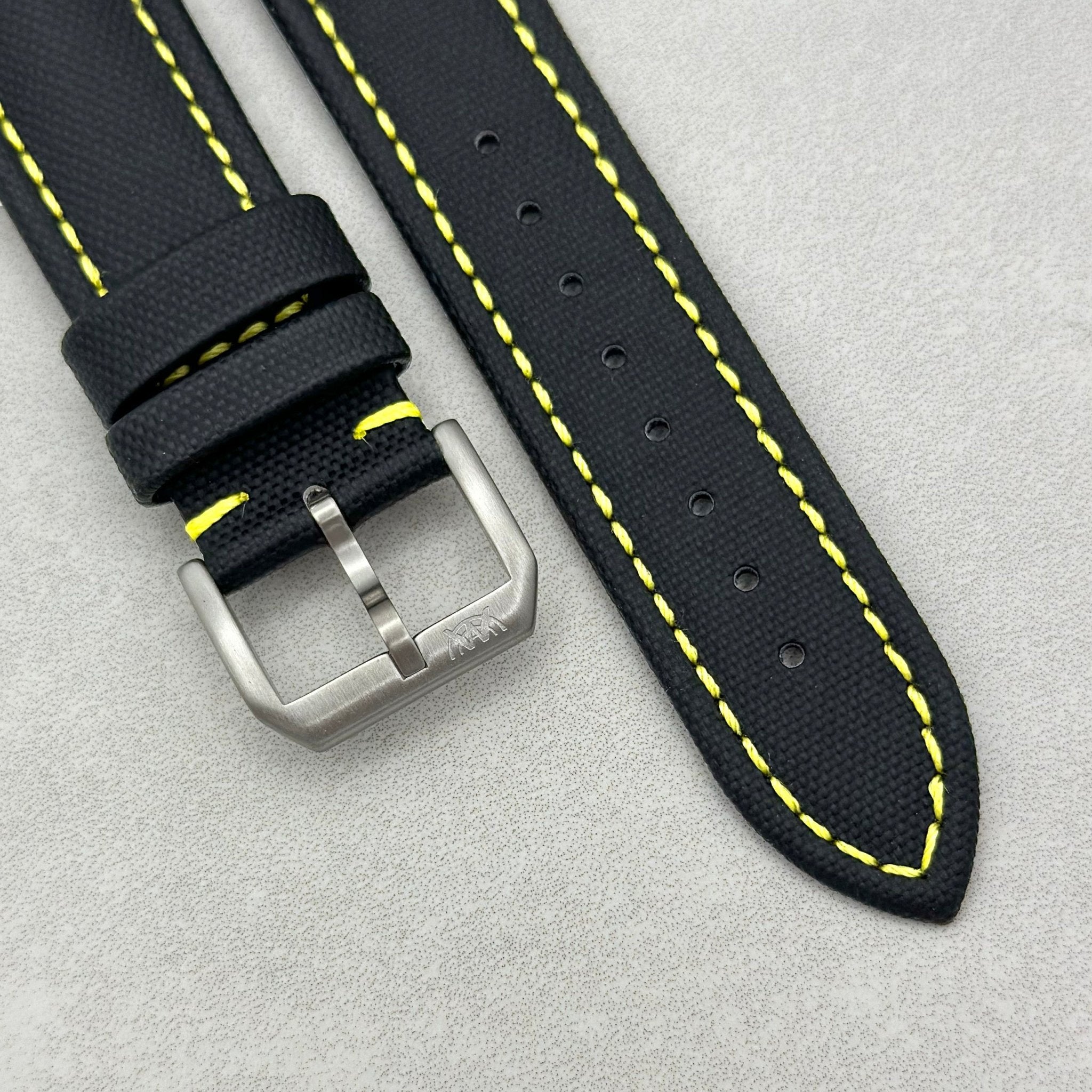 The Bermuda Jet Black Sail Cloth Watch Strap With Contrast Yellow Sti watchandstrapco