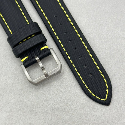 The Bermuda: Jet Black Sail Cloth Watch Strap With Contrast Yellow Stitching