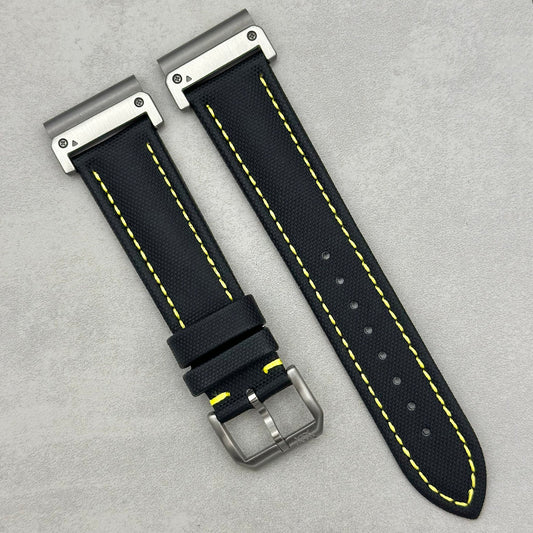 The Bermuda: Jet Black Sail Cloth Garmin QuickFit Watch Strap With Yellow Stitching