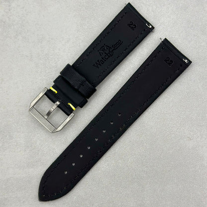 The Bermuda: Jet Black Sail Cloth Watch Strap With Contrast Yellow Stitching