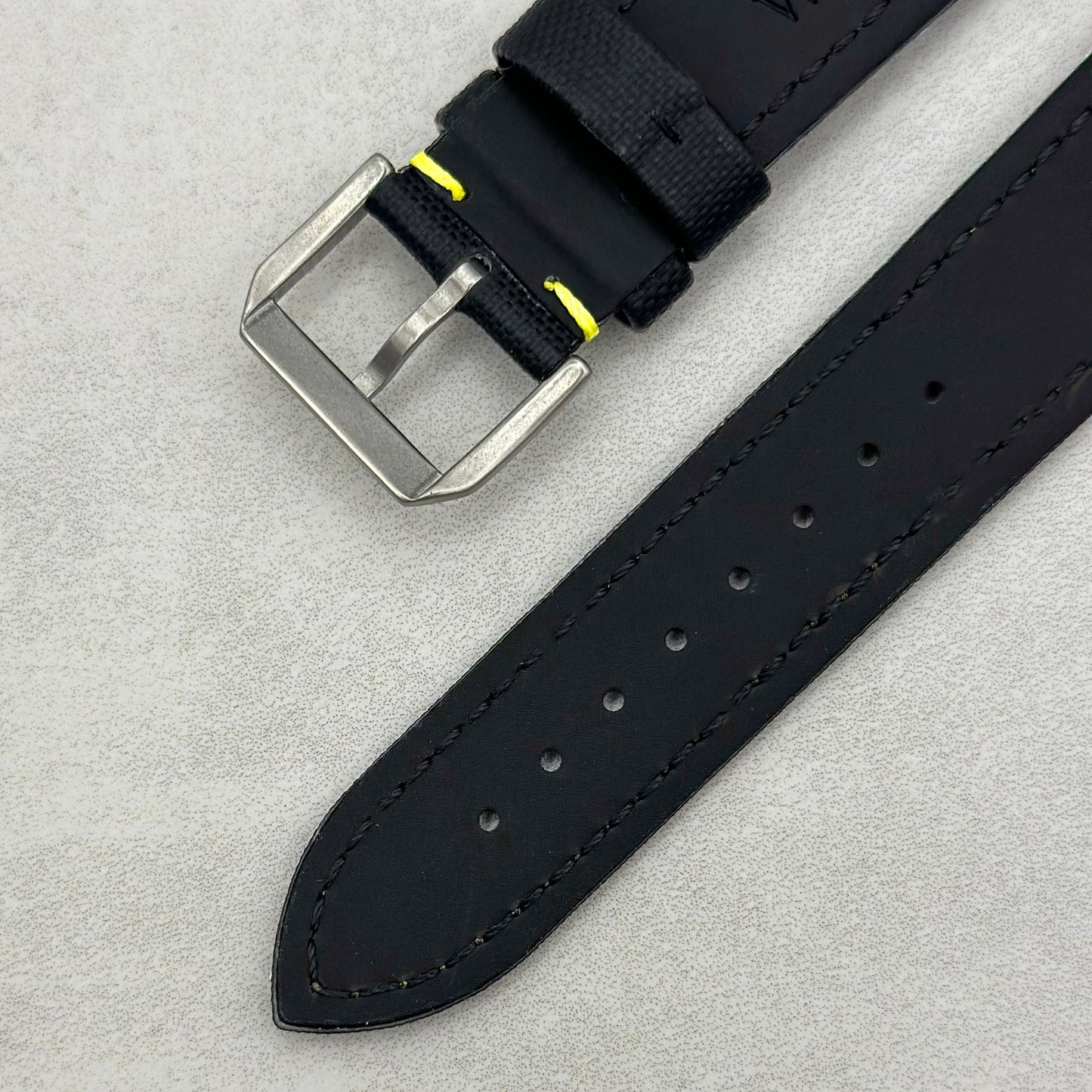 The Bermuda: Jet Black Sail Cloth Watch Strap With Contrast Yellow Stitching