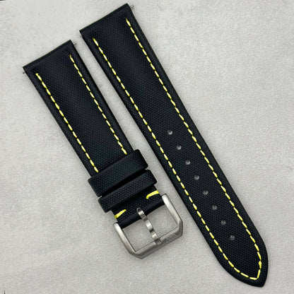 The Bermuda: Jet Black Sail Cloth Watch Strap With Contrast Yellow Stitching