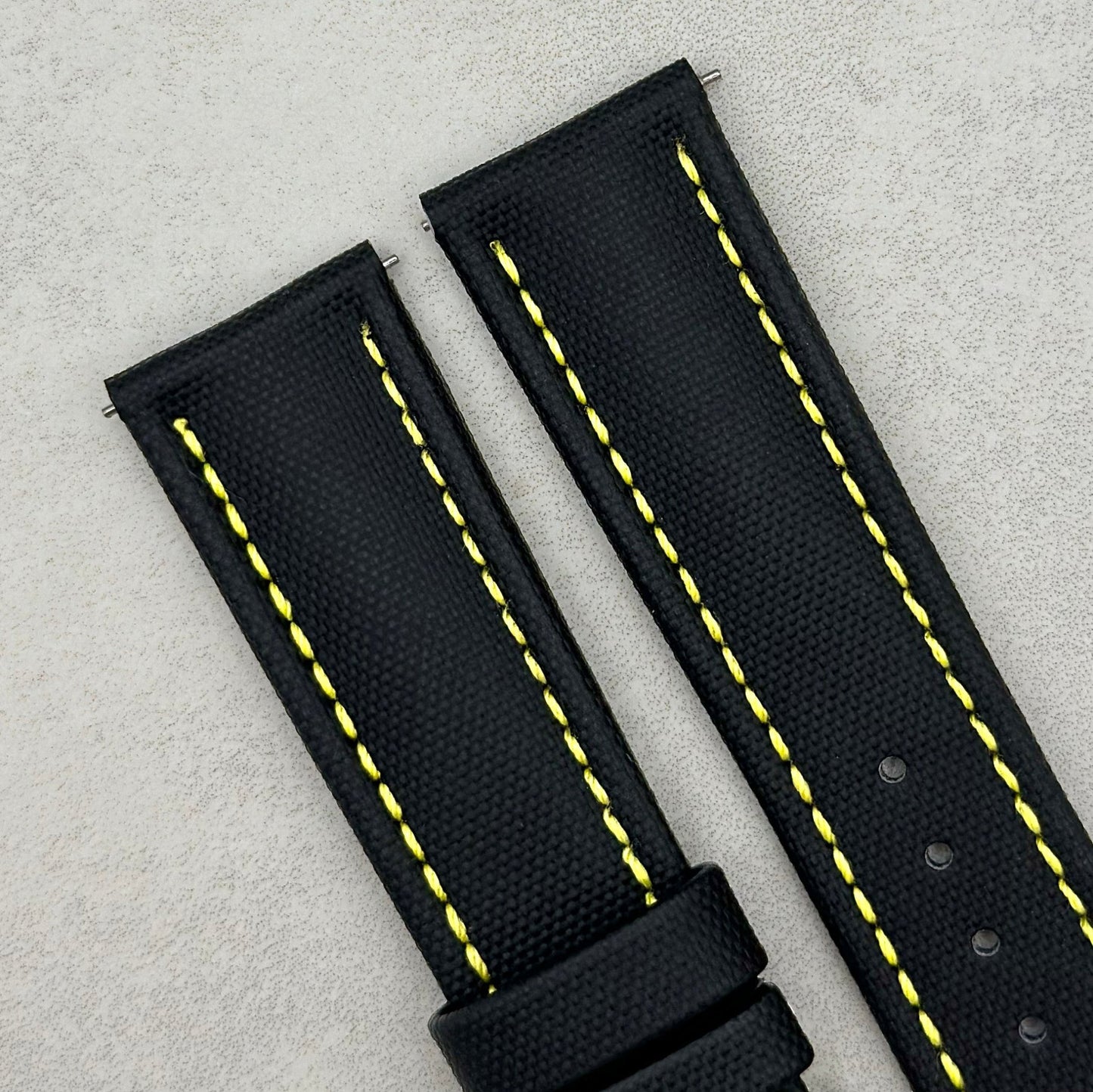 The Bermuda: Jet Black Sail Cloth Watch Strap With Contrast Yellow Stitching