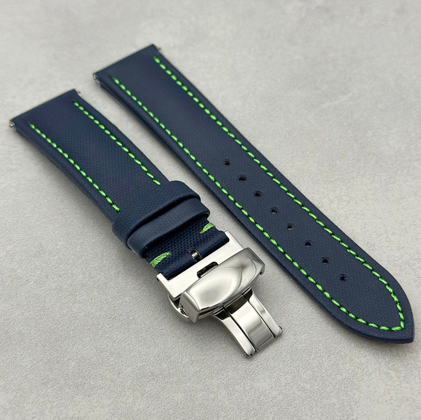 The Bermuda: Navy Blue Sail Cloth Apple Watch Strap With Contrast Green Stitching