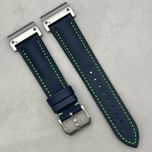 The Bermuda: Navy Blue Sail Cloth Garmin QuickFit Watch Strap With Green Stitching