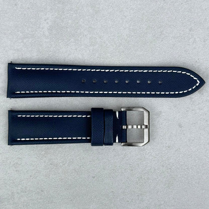 Bermuda navy blue sail cloth watch strap with white stitching. 20mm, 22mm. Padded sail cloth strap. Watch And Strap.