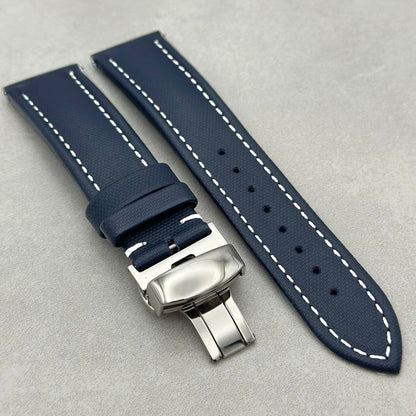 The Bermuda: Navy Blue Sail Cloth Watch Strap With Contrast White Stitching