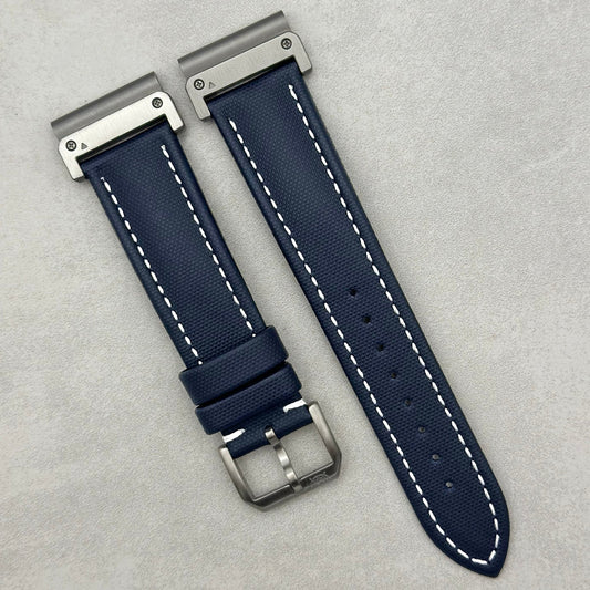 The Bermuda: Navy Blue Sail Cloth Garmin QuickFit Watch Strap With White Stitching