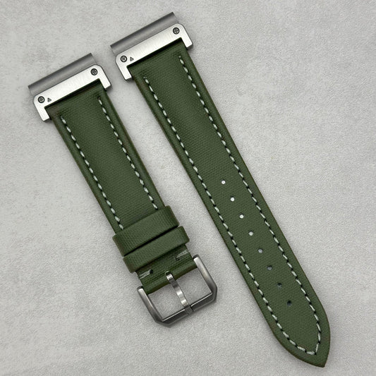 The Bermuda: Khaki Green Sail Cloth Garmin QuickFit Watch Strap With Grey Stitching