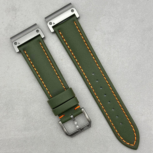 The Bermuda: Khaki Green Sail Cloth Garmin QuickFit Watch Strap With Orange Stitching