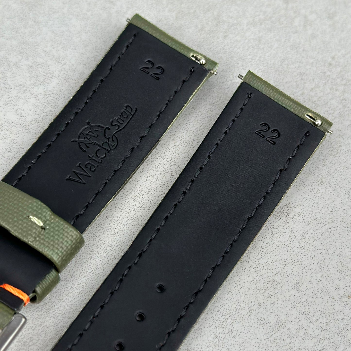 The Bermuda: Khaki Green Sail Cloth Watch Strap With Contrast Orange Stitching