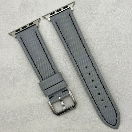 The Bermuda: Grey Sail Cloth Apple Watch Strap With Contrast Black Stitching