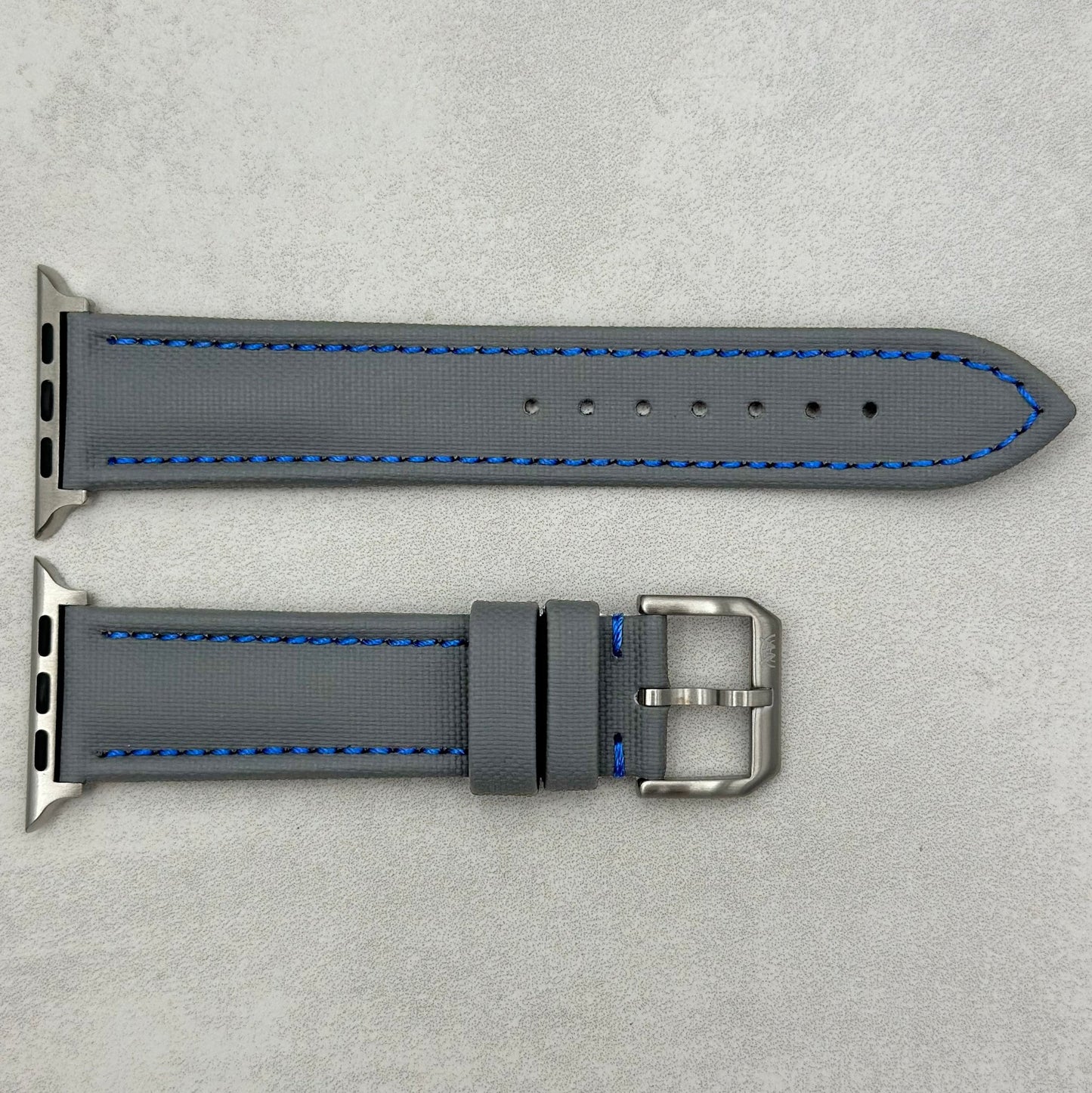 The Bermuda: Grey Sail Cloth Apple Watch Strap With Contrast Blue Stitching