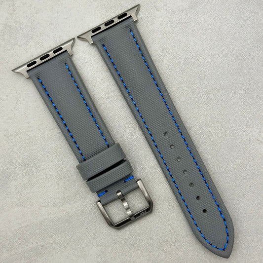 The Bermuda: Grey Sail Cloth Apple Watch Strap With Contrast Blue Stitching