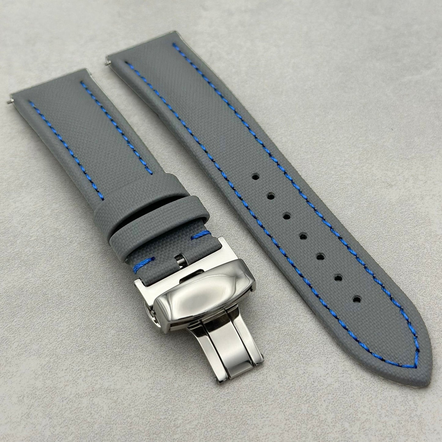 The Bermuda: Grey Sail Cloth Watch Strap With Contrast Blue Stitching