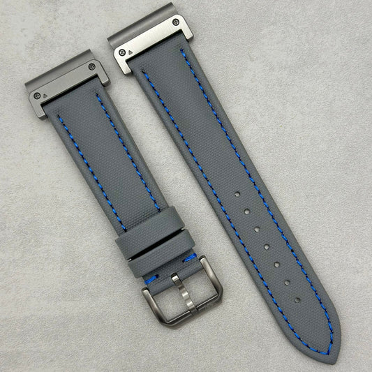 The Bermuda: Grey Sail Cloth Garmin QuickFit Watch Strap With Blue Stitching