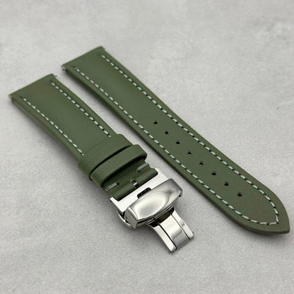 The Bermuda: Khaki Green Sail Cloth Watch Strap With Contrast Grey Stitching